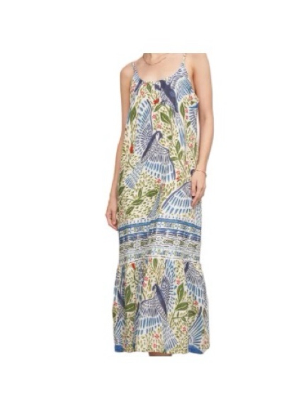 Tropical Bird Botanical Print Tiered Maxi Dress Resort Boho NWT - Picture 2 of 5